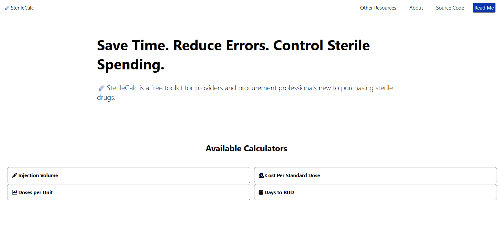 SterileCalc landing page and calculator hub
